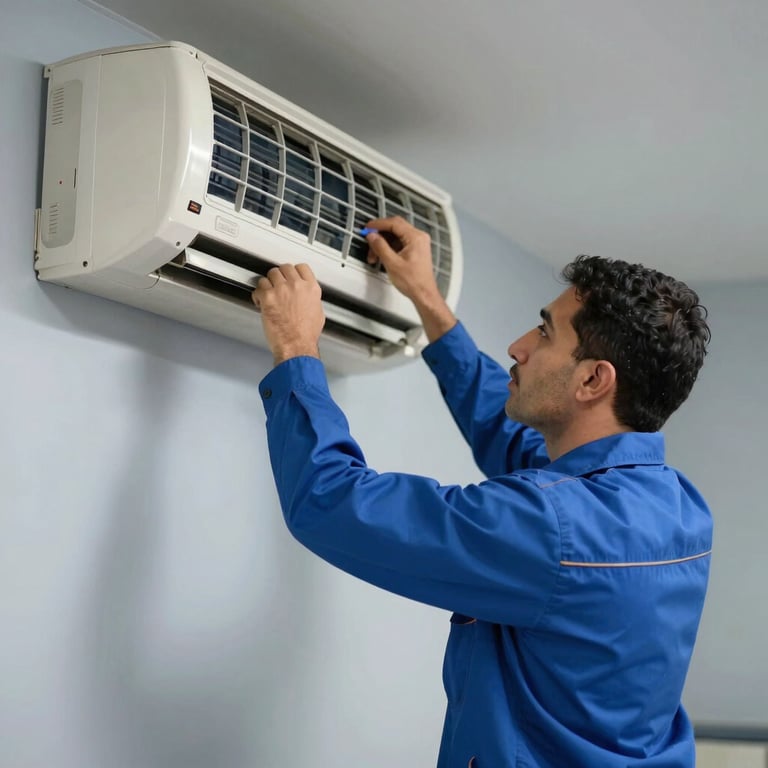 A professional Middle Eastern / Gulf technician in a medium blue uniform servicing an air conditioning unit against a light gray wall, showing expertise.