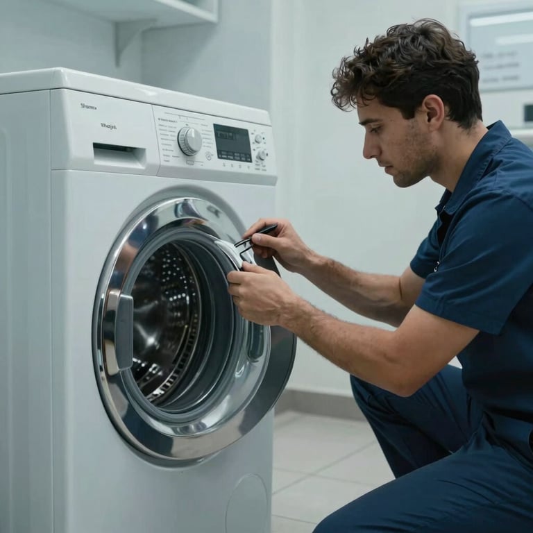 A technician repairing a washing machine in a contemporary laundry room in Sharjah, using a professional blue-gray color palette.