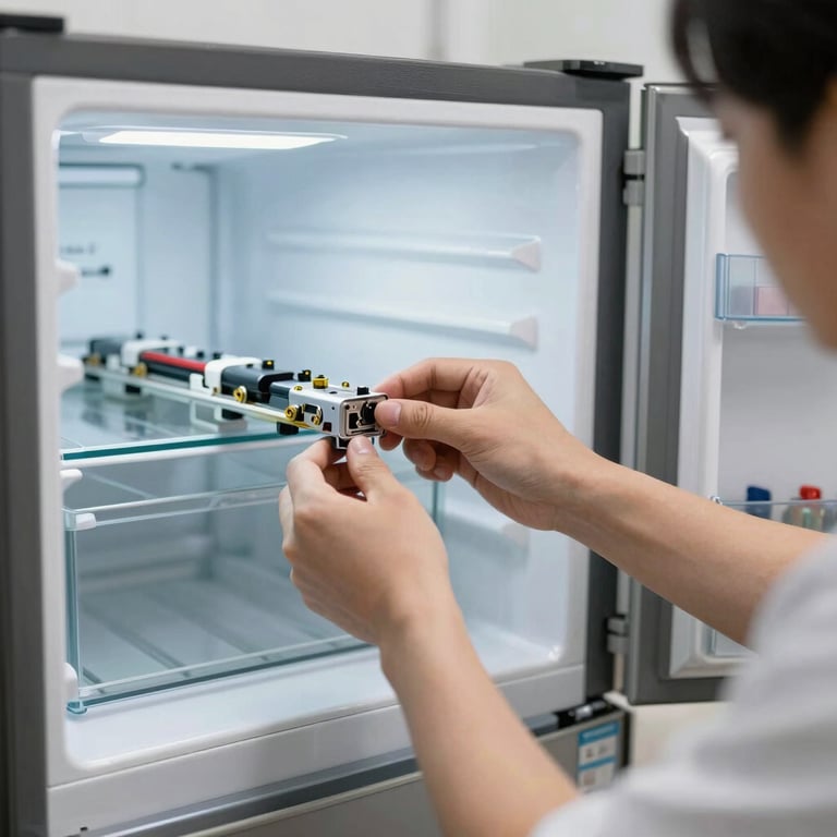 Focused shot of a technician’s hand adjusting a component in a modern refrigerator, bright workshop lighting with deep charcoal accents.