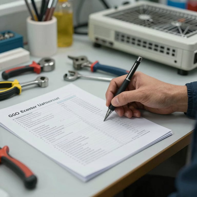 A clean workspace with a set of tools and an appliance manual in a professional repair shop, projecting a reliable and efficient atmosphere.