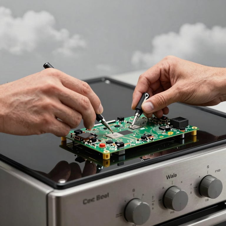 Skilled hands troubleshooting the circuit board of a modern oven, technical and professional mood with a cloud gray background.