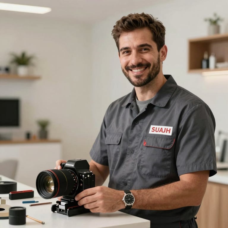 A smiling technician in professional attire standing in a modern Sharjah home, conveying trustworthiness and quality repair service.