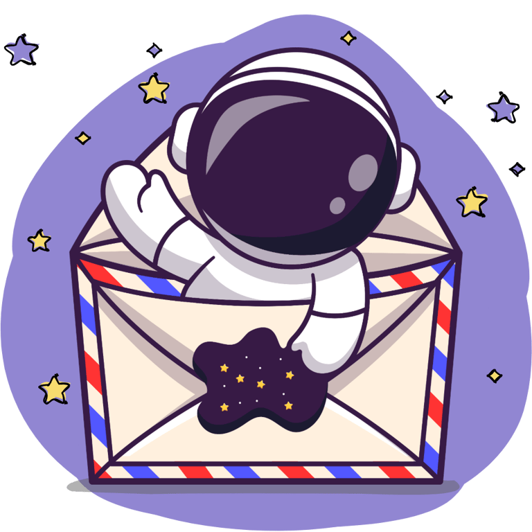 Cute cartoon astronaut popping out of a large envelope and waving.