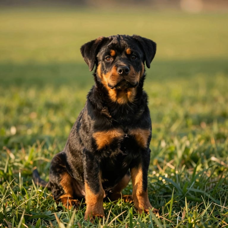 Rottweiler puppy sitting proudly on a lush green lawn, soft morning golden hour, healthy coat, clear eyes
