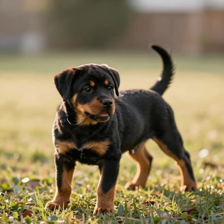 Rottweiler puppy playing with a family member in a warm backyard, natural light, shallow depth of field