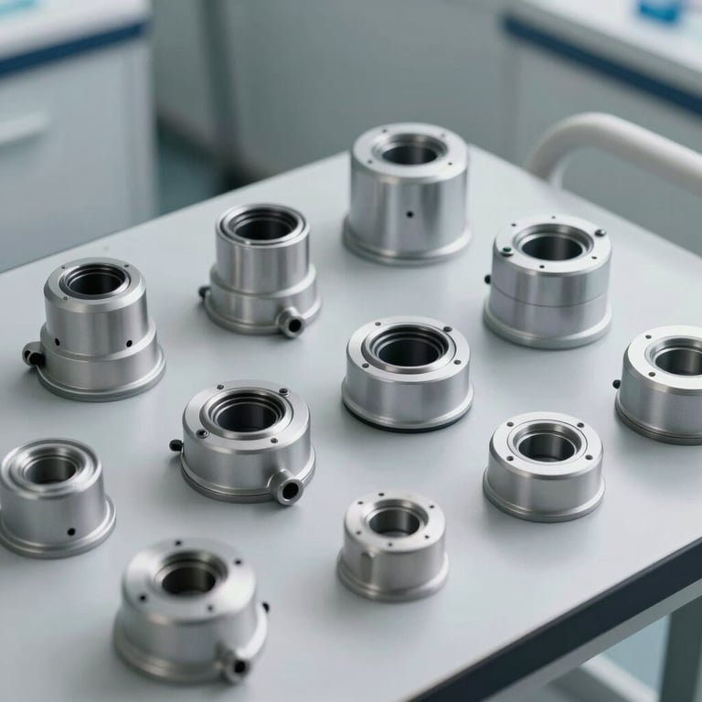 Clean, modern medical hardware components arranged neatly on a light gray surface, showcasing innovative design and high-quality manufacturing.