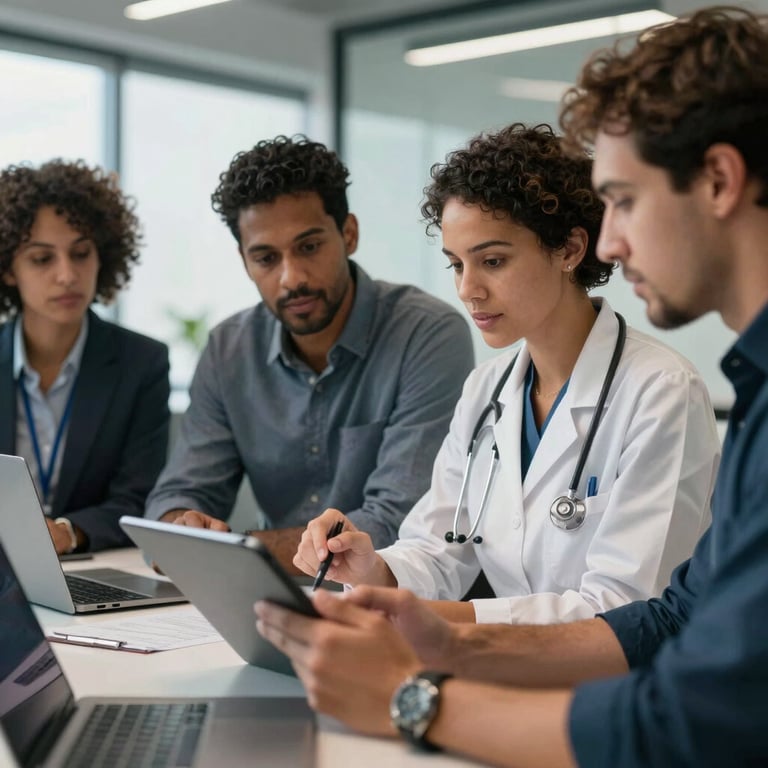 A diverse team of engineers in a North American office discussing data-driven healthcare solutions over a digital tablet, reflecting a professional and collaborative mood.