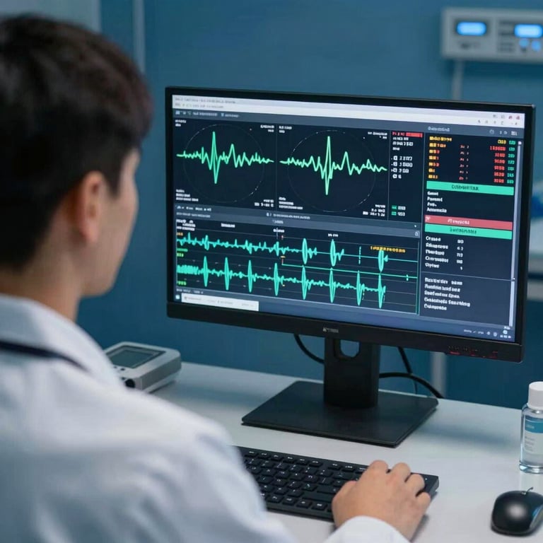An over-the-shoulder view of a doctor looking at a high-resolution monitor displaying complex real-time physiological data streams in a dark blue medical suite.