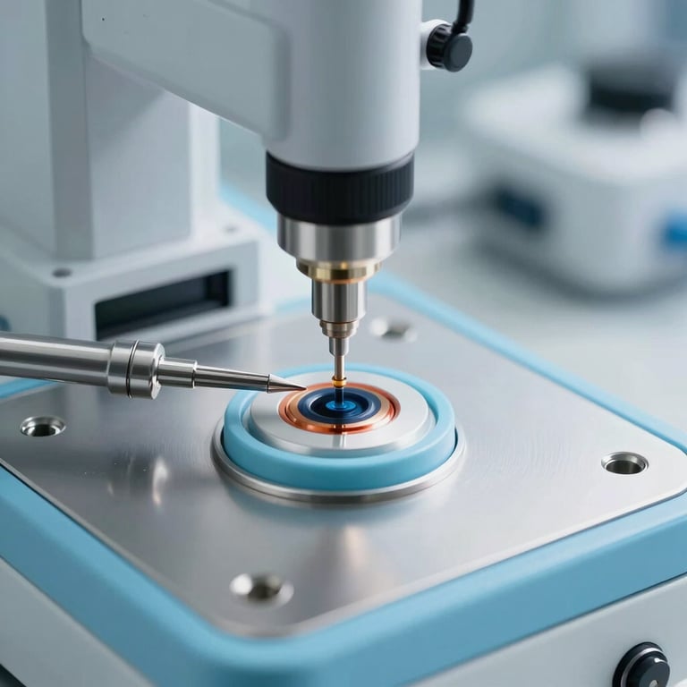 A macro shot of a sophisticated medical sensor being assembled with precision tools in a clean room, featuring light blue accents and metallic surfaces.