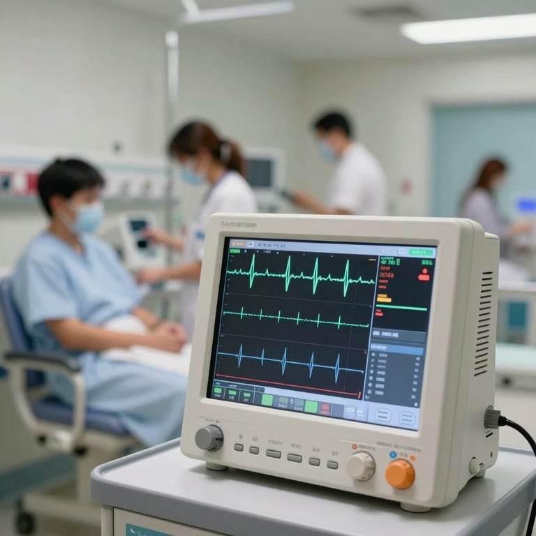 A blurred background of a busy North American intensive care unit with a focused, sharp foreground of a data acquisition terminal displaying steady heart rate graphs.
