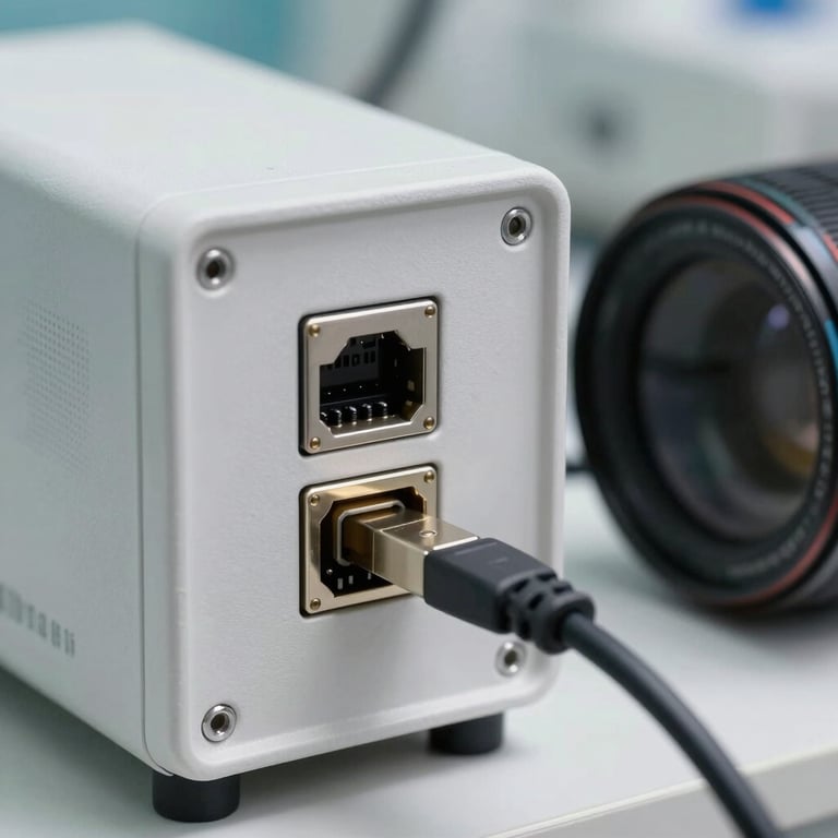 A close-up of a high-speed data connection port on a medical device, symbolizing reliability and technological advancement in medical care.