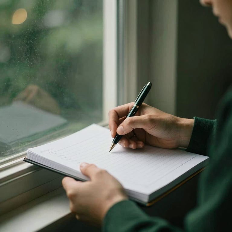 Professional portrait orientation photo of hands holding a pen over a clean ledger, natural window light, deep forest green and soft gold accents, shallow depth of field, 35mm, subject centered.