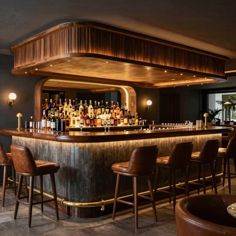 Close-up of a signature cocktail with a gold garnish on a dark marble bar counter, soft lighting, sophisticated mood.