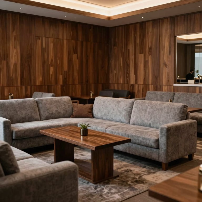 The interior of an exclusive lounge area with plush seating, wood paneling, and soft gray and brown tones.