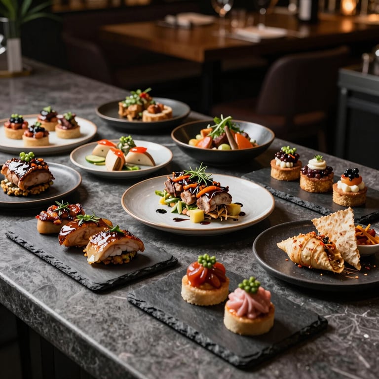 An artistic arrangement of gourmet appetizers served on minimalist slate plates in a modern Brazilian bar.