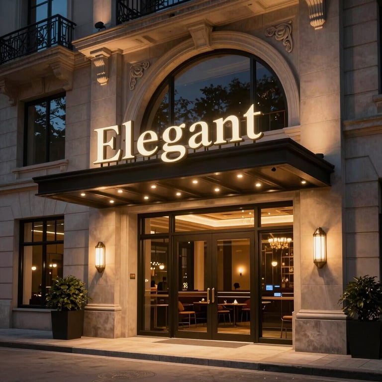 Elegant exterior view of the establishment at night, featuring warm architectural lighting and sophisticated signage.