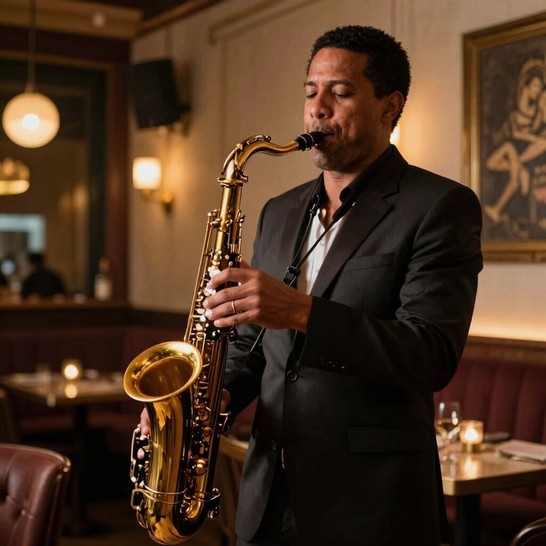 A musician playing a saxophone in a dimly lit, elegant lounge with warm golden highlights, South American urban setting.