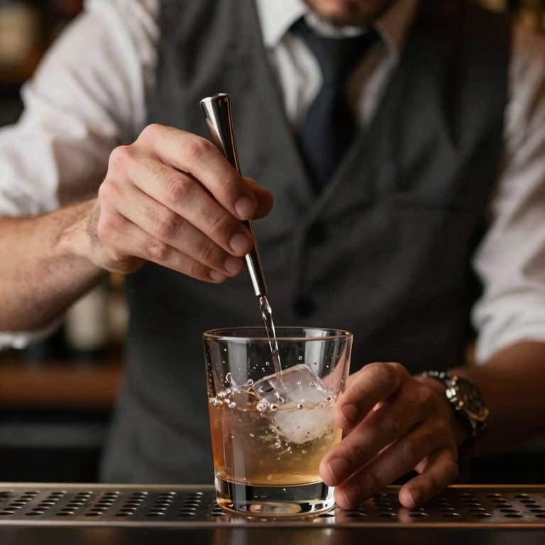 Detailed shot of an expert bartender's hands preparing a premium drink with precision, moody professional lighting.