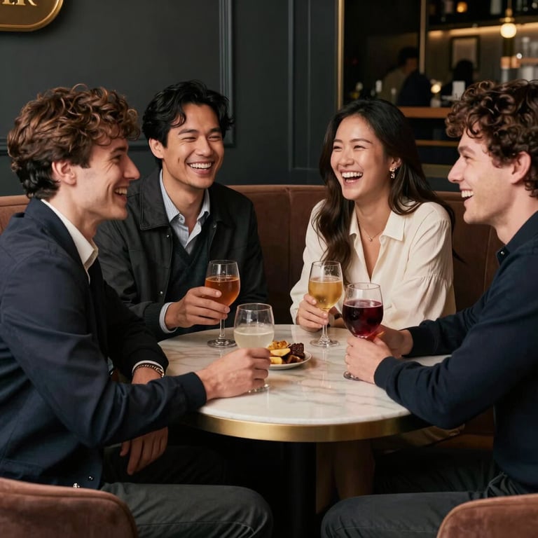 Stylish friends laughing and enjoying drinks in a cozy, upscale booth, inviting and exclusive atmosphere.