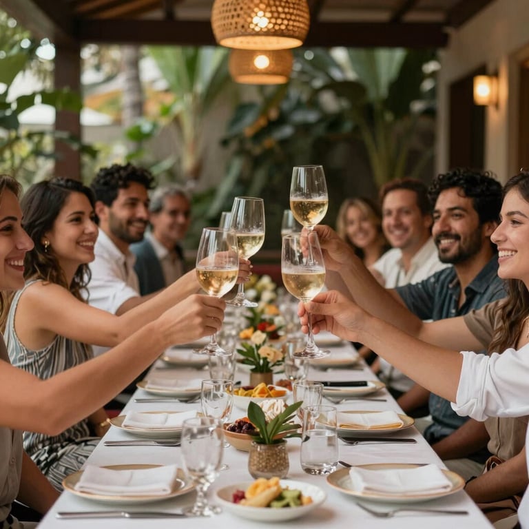 Happy guests raising glasses in a toast, celebrating in a sophisticated and vibrant South American entertainment venue.