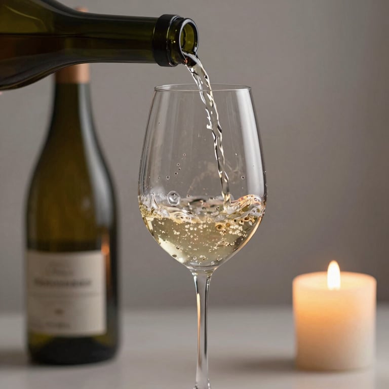 A chilled glass of wine being poured in a candlelit setting, capturing the movement and the refined ambiance.