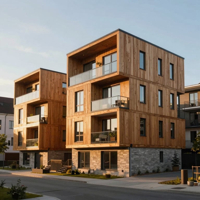 Exterior of a modern, multi-story residential complex with Scandinavian timber and glass elements, shot in golden hour light.