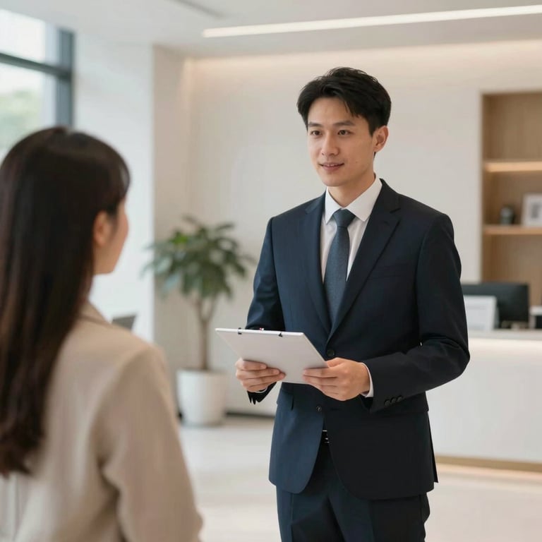 A property manager cordially interacting with a tenant in a bright, minimalist lobby area, reflecting a service-oriented tone.