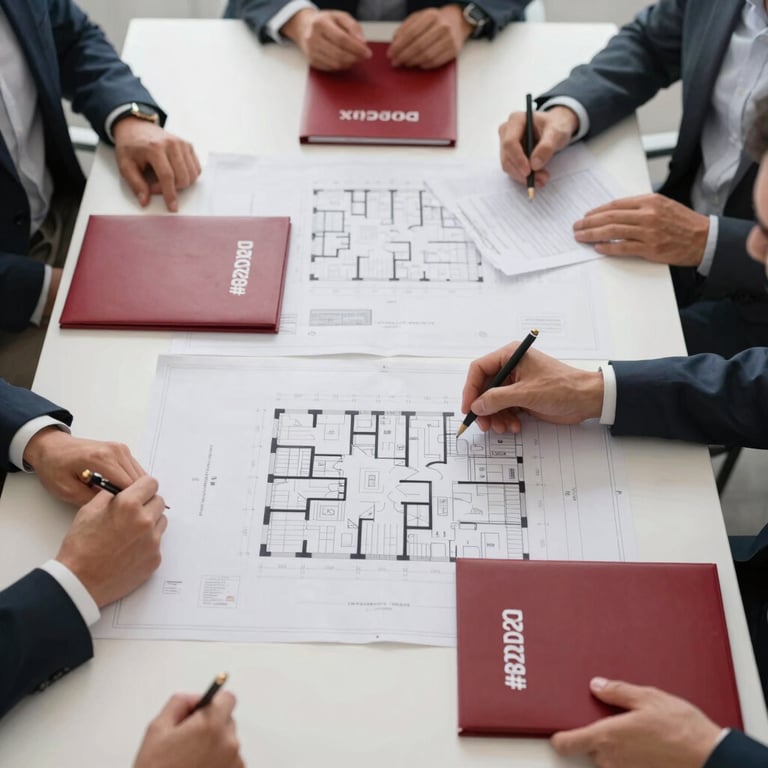 Overhead view of a team meeting around a table covered in property blueprints and procurement documents, with Deep Ripe Crimson #8D2D2D branding on folders.