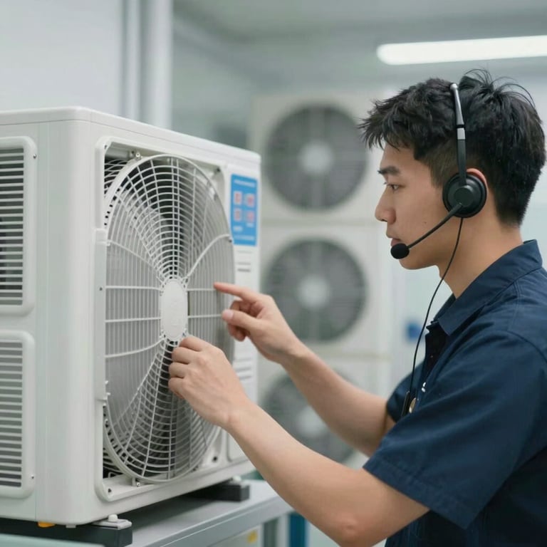 A technical support worker checking a high-tech HVAC system in a clean, organized utility room.