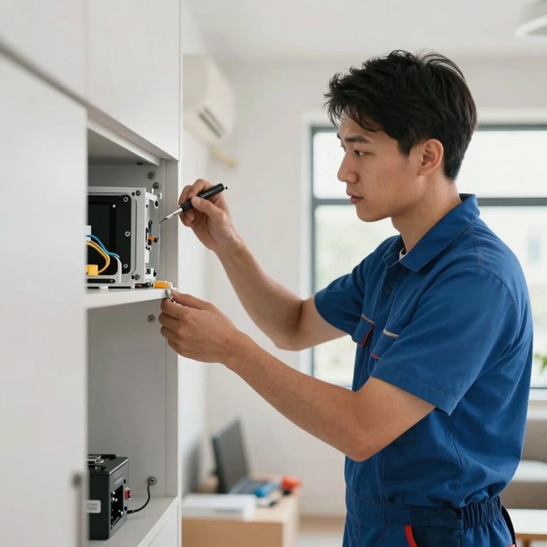 A professional worker installing modern hardware in a contemporary apartment, showcasing attention to detail and technical skill.