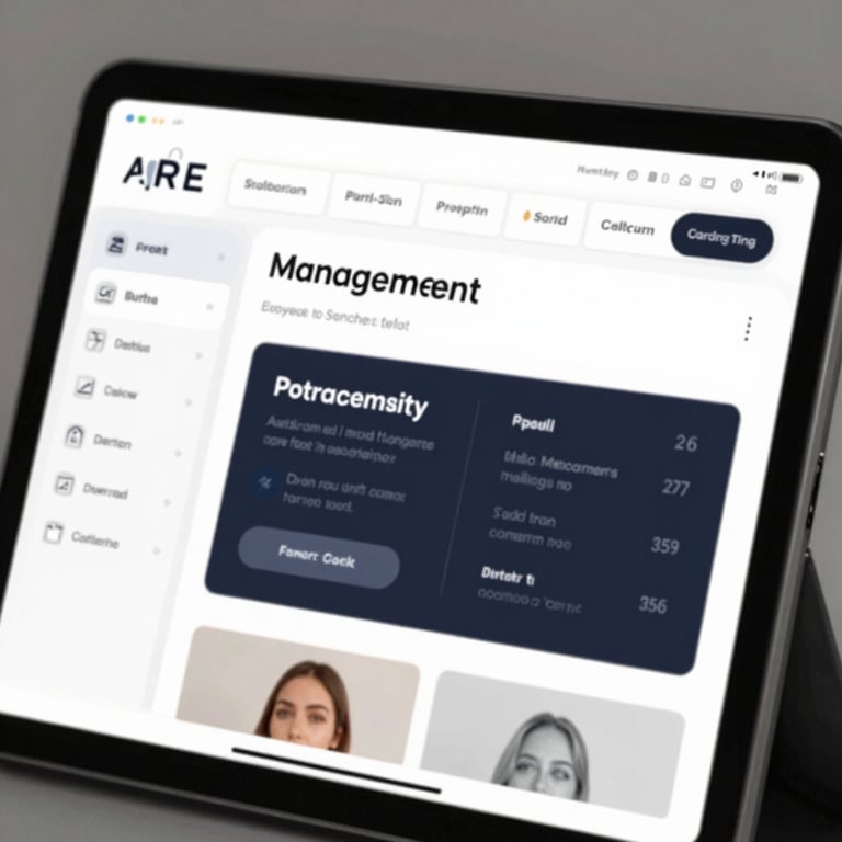 Close-up of a tablet displaying a property management dashboard with sleek, high-contrast UI design.