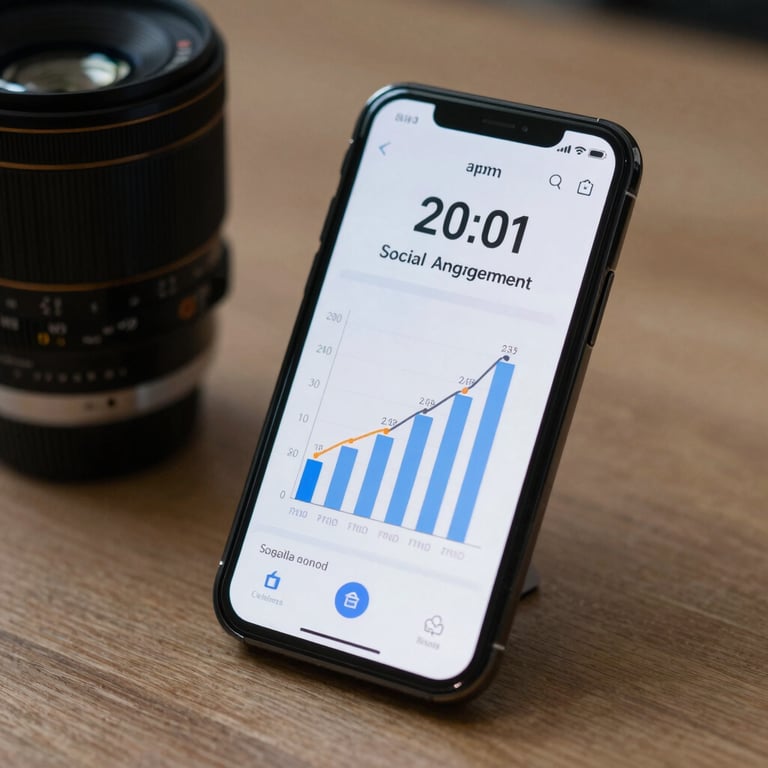 A modern smartphone propped up on a desk showing a successful social media engagement graph.