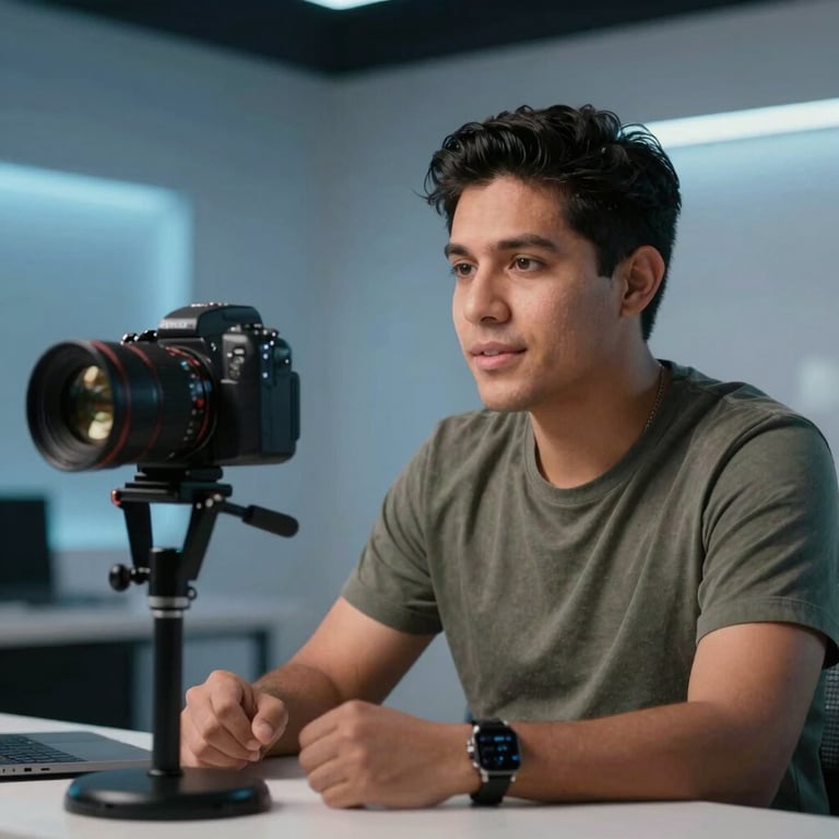 A Latinoamericano content creator recording a high-quality video in a modern studio with soft light blue lighting.