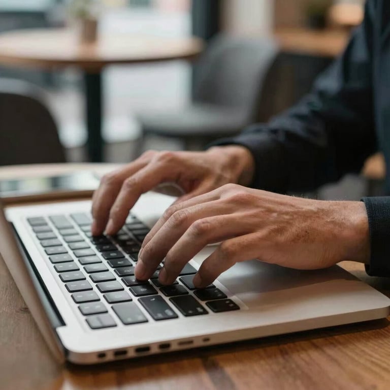 Close-up of hands typing on a modern laptop keyboard in a trendy urban café.