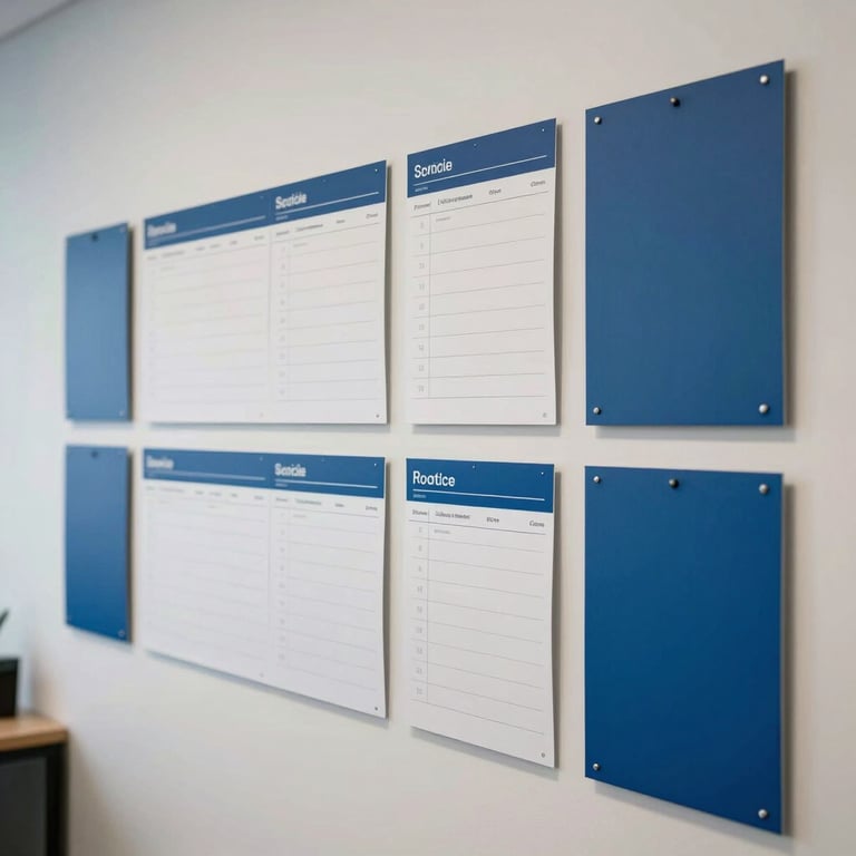 A wall in a creative office with organized schedules and sky blue mood boards.