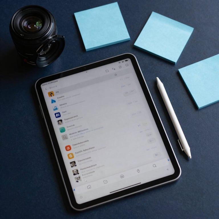 Flat lay of a professional tablet and stylus on a dark navy desk with sky blue sticky notes.