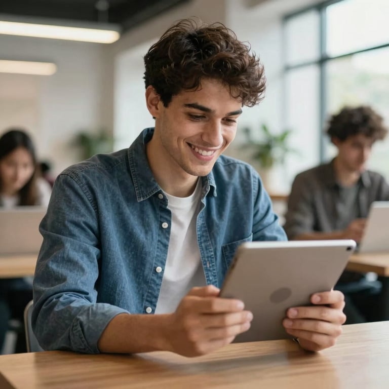A young Hispano professional smiling while looking at a tablet in a bright coworking space.