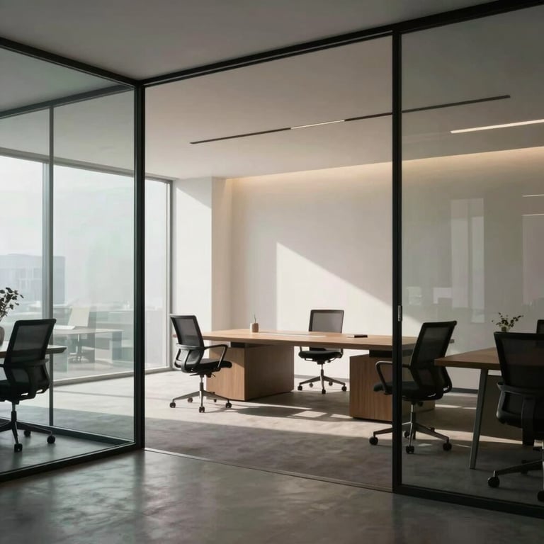 A minimalist office interior with glass walls, designer furniture, and professional enterprise atmosphere.