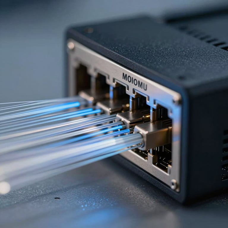 A high-speed fiber optic networking port with subtle blue and white light trails representing technology innovation.