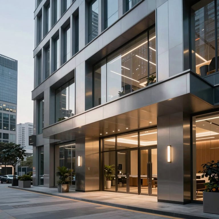 A premium office lobby in a metropolitan area with metallic accents and innovative professional design.
