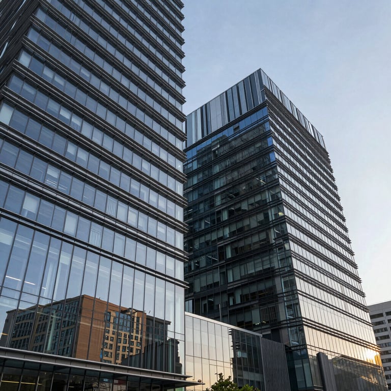 An architectural view of a contemporary tech hub building in the US with sharp angles and reflective surfaces.