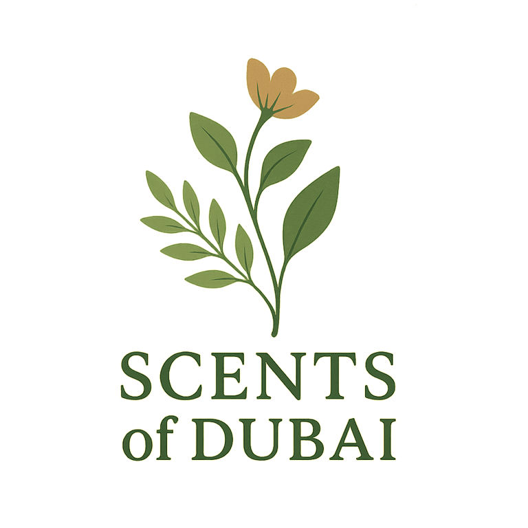 Scents of Dubai logo featuring a green botanical floral illustration and elegant typography on a black background.
