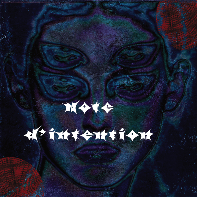 couverture : portrait surréaliste à quatre yeux avec textures Photoshop, cercles rouge acrylique