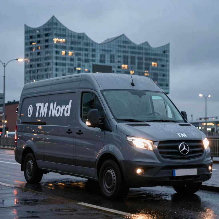 Medium shot of a branded grey service van of TM Nord parked on a wet Hamburg street at dusk, cool streetlights reflecting on the vehicle, with the Elbphilharmonie faintly visible in the background under an overcast sky.