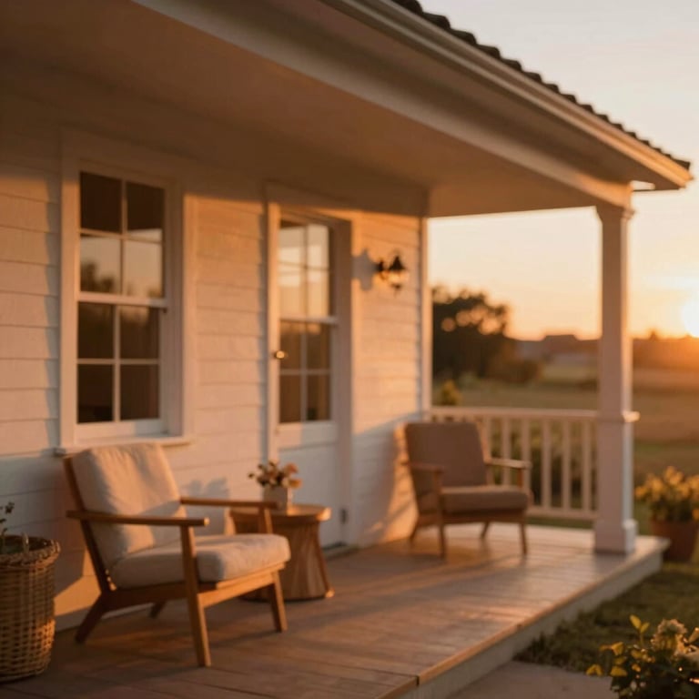 A charming Bed & Breakfast porch with comfortable chairs and a sunset glow in warm #D4692A burnt orange tones.