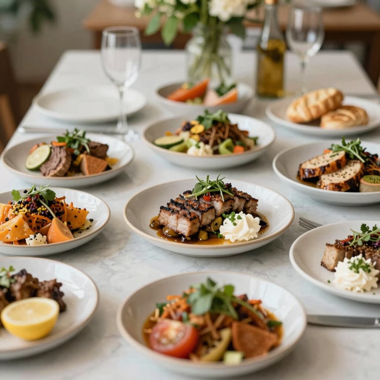 A vibrant flat-lay of farm-to-table dishes at a Hudson Valley restaurant, bright natural light, professional food photography style.