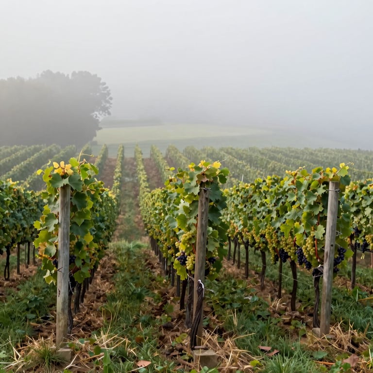 Morning mist over a Hudson Valley vineyard with rows of grapes, conveying a calm and premium natural beauty.