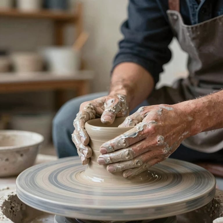Detail of an artisan at work in a local pottery studio, hands covered in clay, high-contrast and professional.
