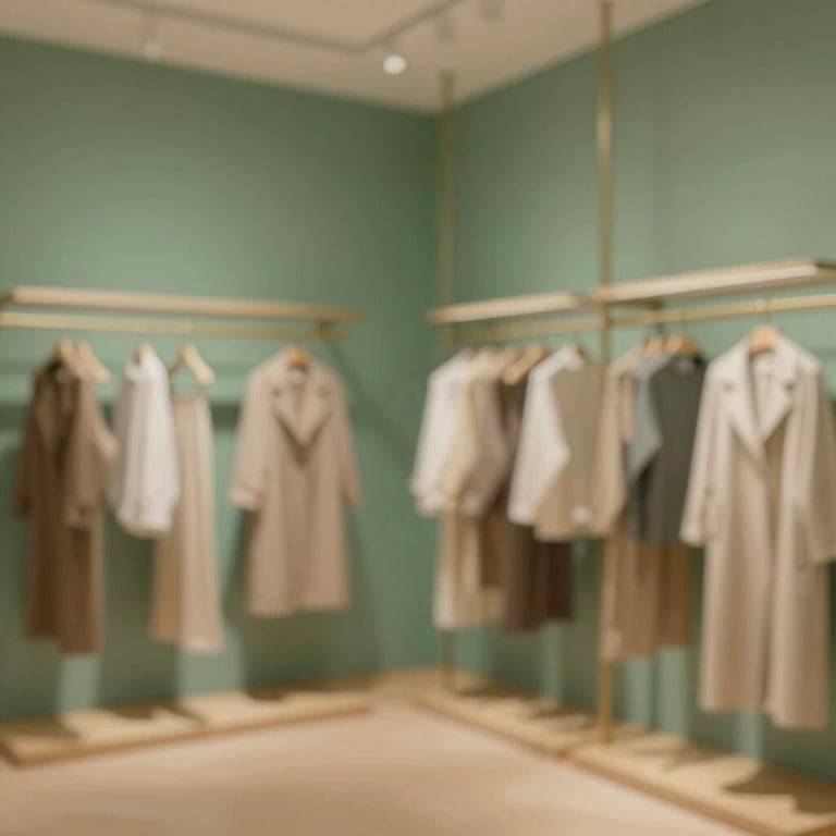 An elegant interior of a local boutique with curated clothing, featuring soft forest green #2D6A4F walls and warm lighting.