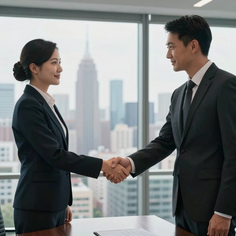 Two professionals in business attire shaking hands in a glass-walled meeting room overlooking a city skyline.